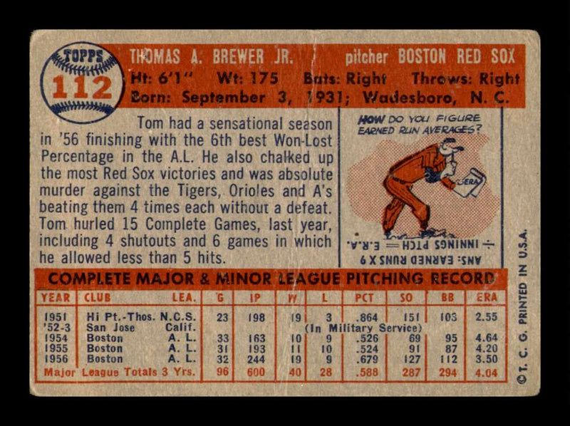 Load image into Gallery viewer, 1957 Topps Tom Brewer #112 Crease Boston Red Sox Image 2
