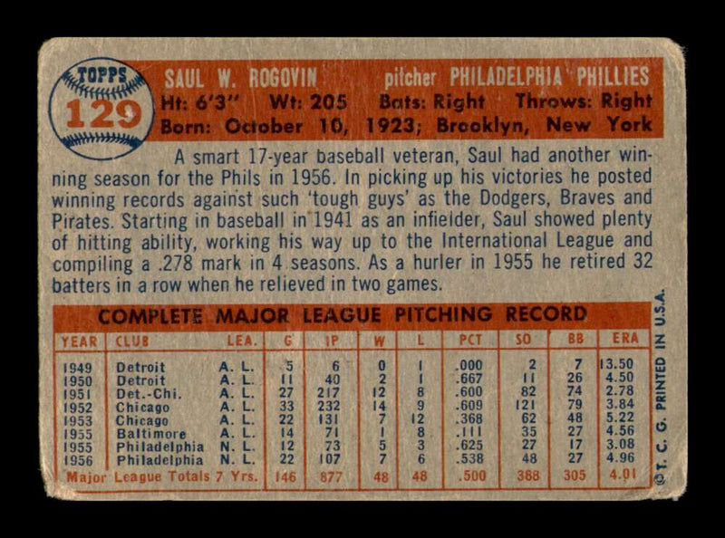 Load image into Gallery viewer, 1957 Topps Saul Rogovin #129 Crease Philadelphia Phillies Image 2
