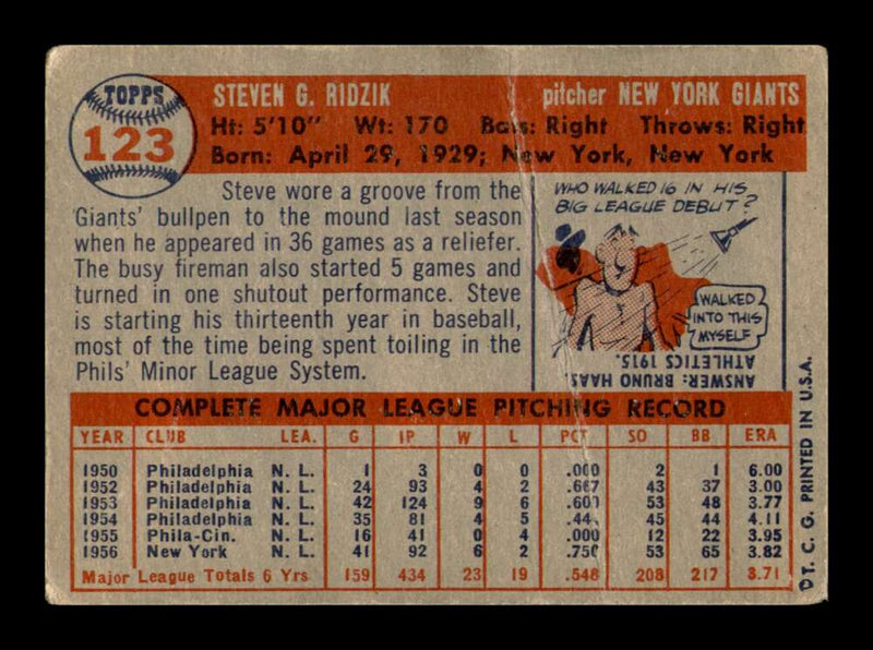 Load image into Gallery viewer, 1957 Topps Steve Ridzik #123 Crease New York Giants Image 2
