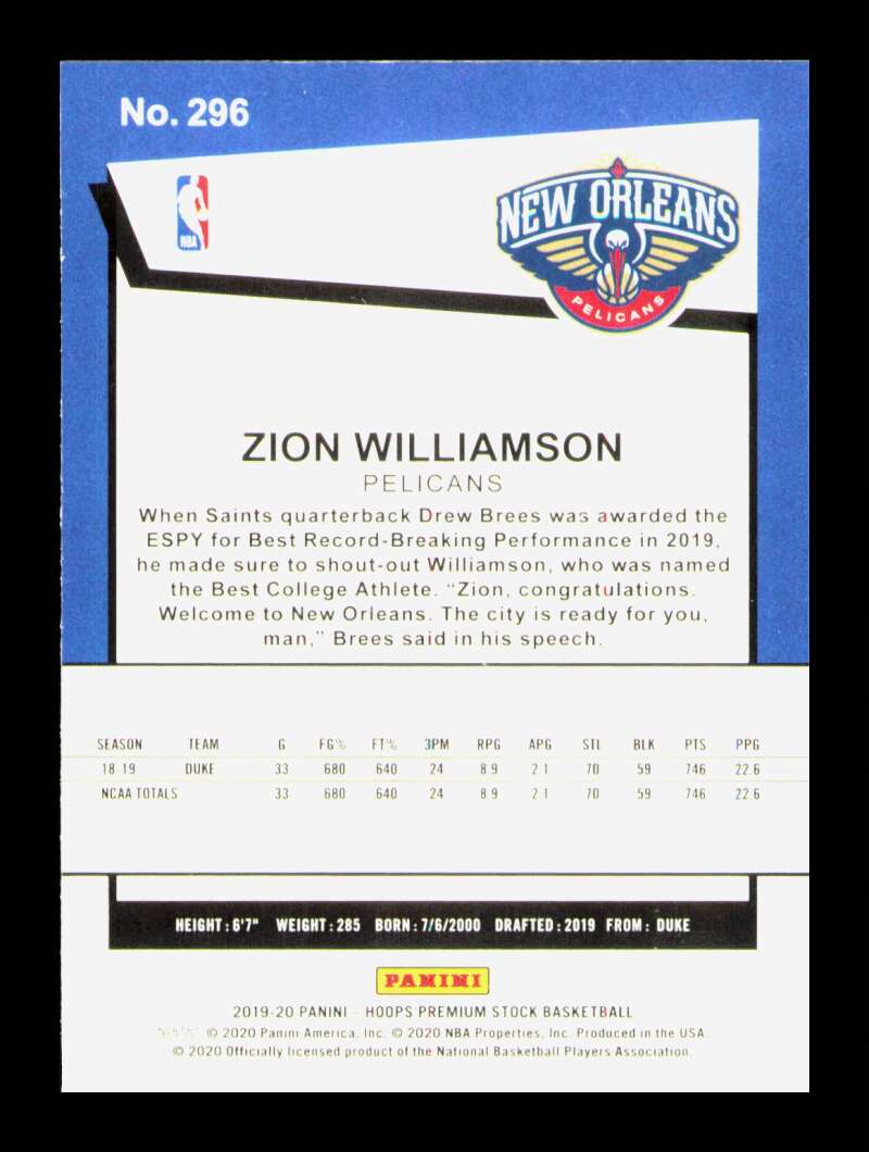 Load image into Gallery viewer, 2019-20 Hoops Premium Stock Zion Williamson #296 New Orleans Pelicans Image 2
