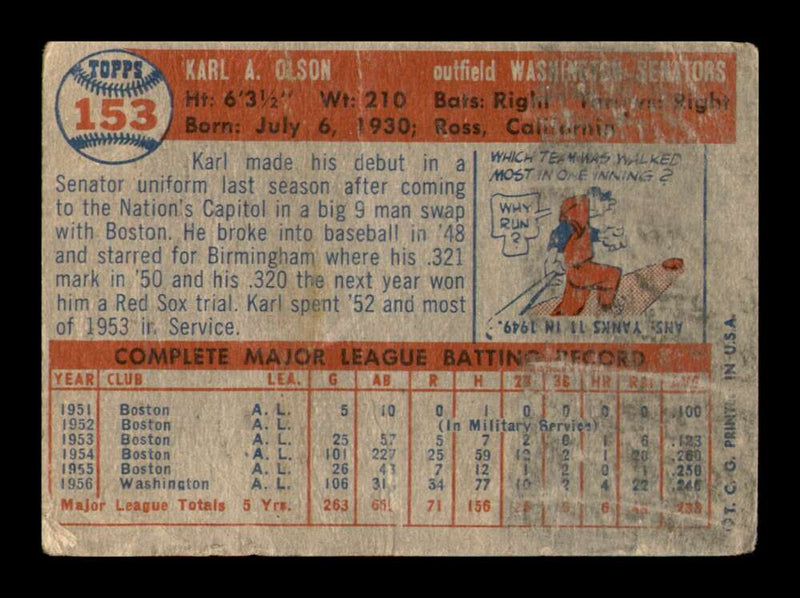 Load image into Gallery viewer, 1957 Topps Karl Olson #153 Crease Washington Senators Image 2
