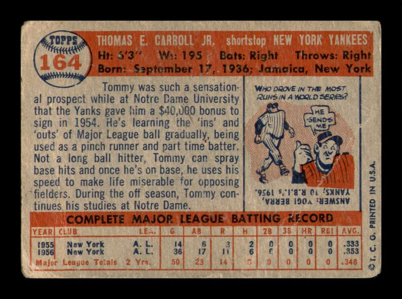 Load image into Gallery viewer, 1957 Topps Tommy Carroll #164 Crease New York Yankees Image 2
