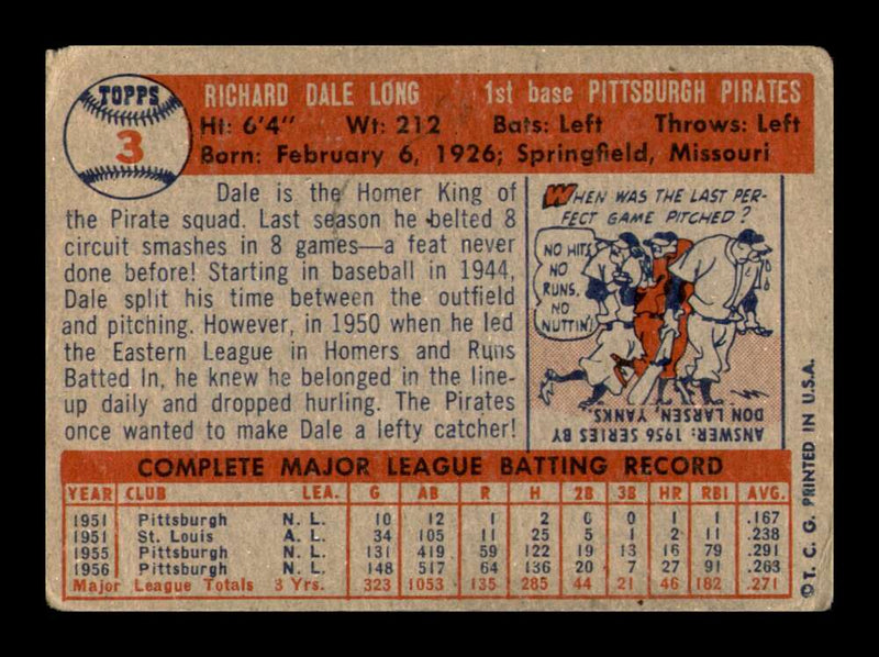 Load image into Gallery viewer, 1957 Topps Dale Long #3 Crease Pittsburgh Pirates Image 2
