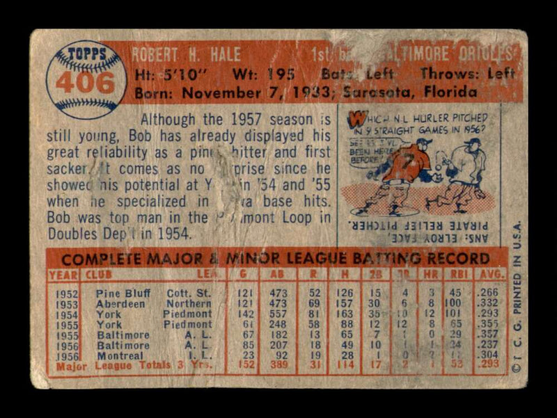 Load image into Gallery viewer, 1957 Topps Bob Hale #406 Crease Baltimore Orioles Image 2
