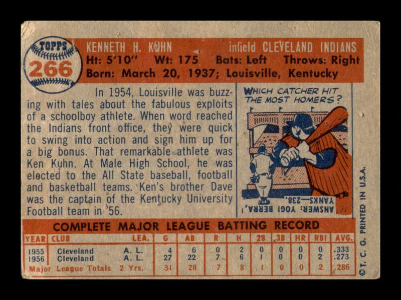 Load image into Gallery viewer, 1957 Topps Ken Kuhn #266 Crease Cleveland Indians Image 2
