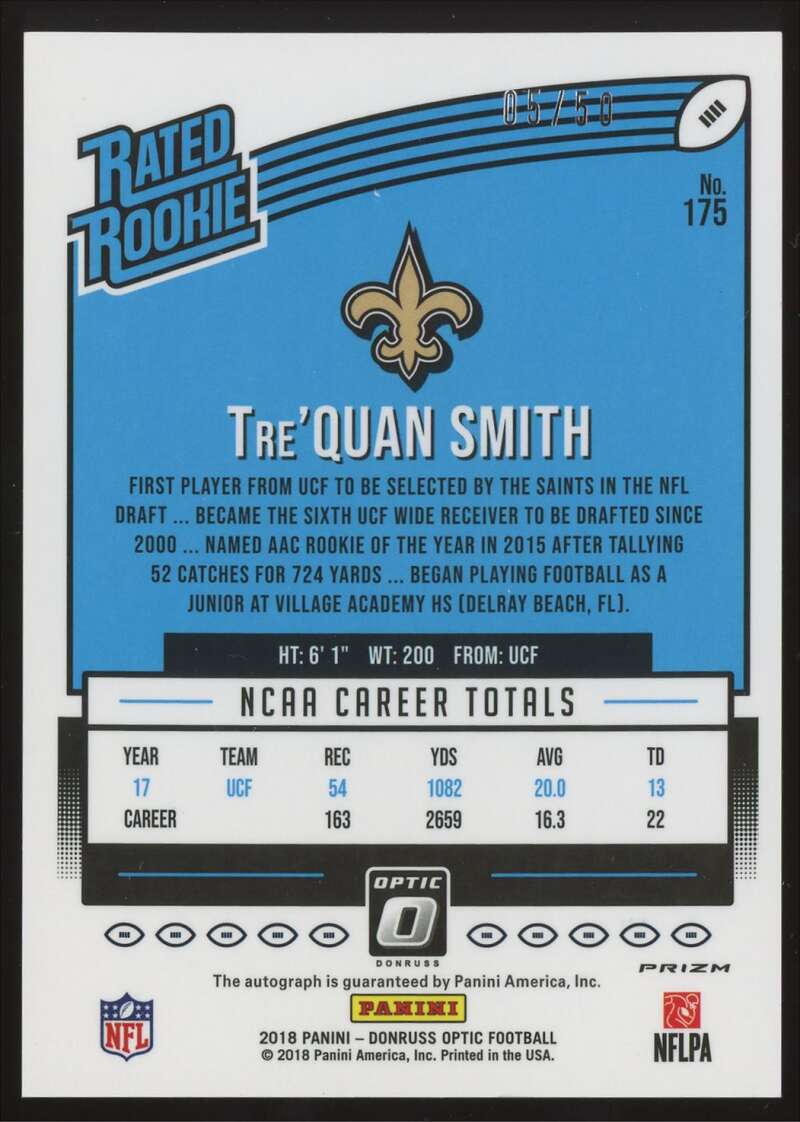 Load image into Gallery viewer, 2018 Donruss Optic Purple Stars Auto Tre&#39;Quan Smith #175 Rookie RC Saints /50  Image 2
