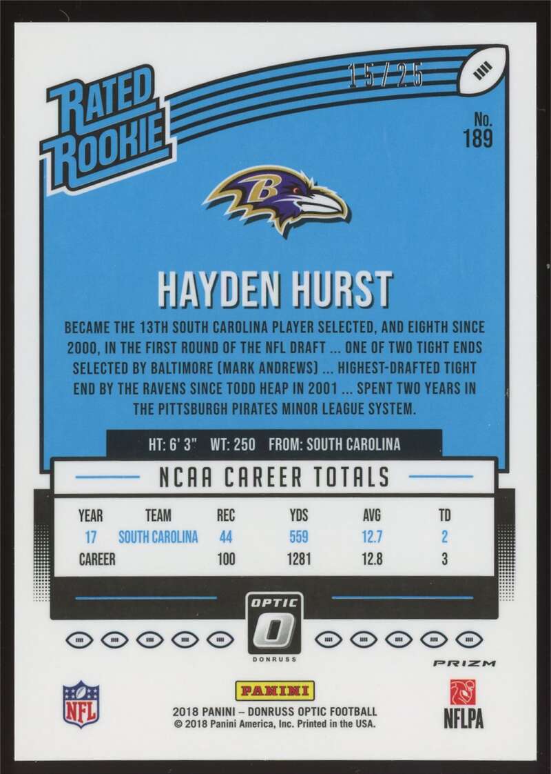 Load image into Gallery viewer, 2018 Donruss Optic Purple Stars Hayden Hurst #189 Rookie RC Baltimore Ravens /25 Image 2
