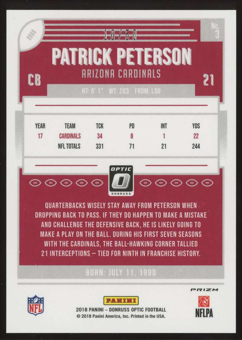 Load image into Gallery viewer, 2018 Donruss Optic Purple Prizm Patrick Peterson #3 SP SSP Arizona Cardinals /50 Image 2
