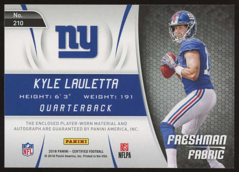 Load image into Gallery viewer, 2018 Panini Certified Freshman Fabric Green RPA Kyle Lauletta #210 Rookie /5 Image 2
