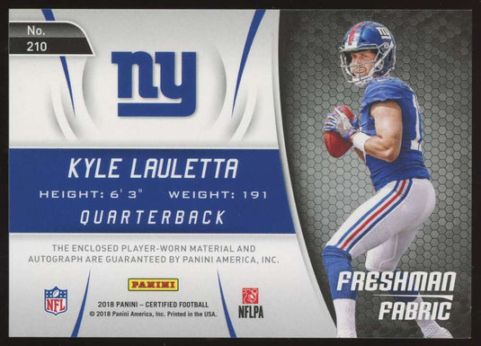 2018 Panini Certified Freshman Fabric Green RPA Kyle Lauletta 