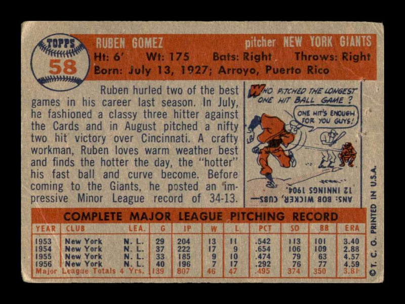 Load image into Gallery viewer, 1957 Topps Ruben Gomez #58 Surface Scratches New York Giants Image 2
