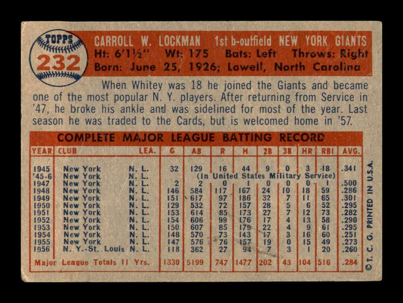 Load image into Gallery viewer, 1957 Topps Whitey Lockman #232 Surface Scratches New York Giants Image 2
