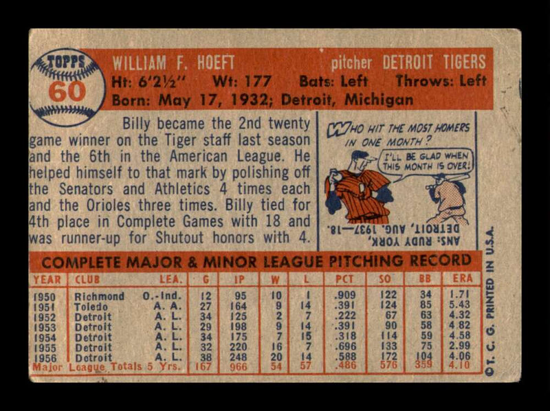 Load image into Gallery viewer, 1957 Topps Billy Hoeft #60 Surface Scratches Detroit Tigers Image 2
