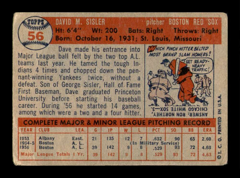 Load image into Gallery viewer, 1957 Topps Dave Sisler #56 Corner Crease Boston Red Sox Image 2
