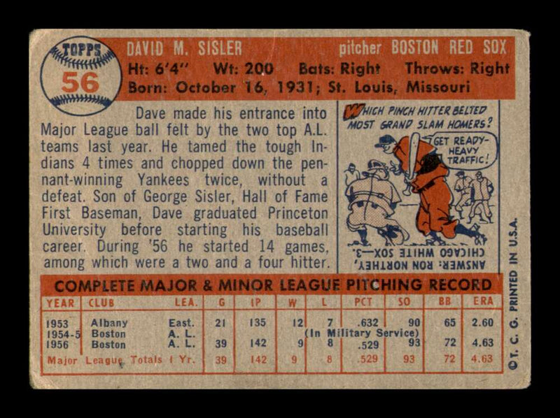 Load image into Gallery viewer, 1957 Topps Dave Sisler #56 Crease Boston Red Sox Image 2
