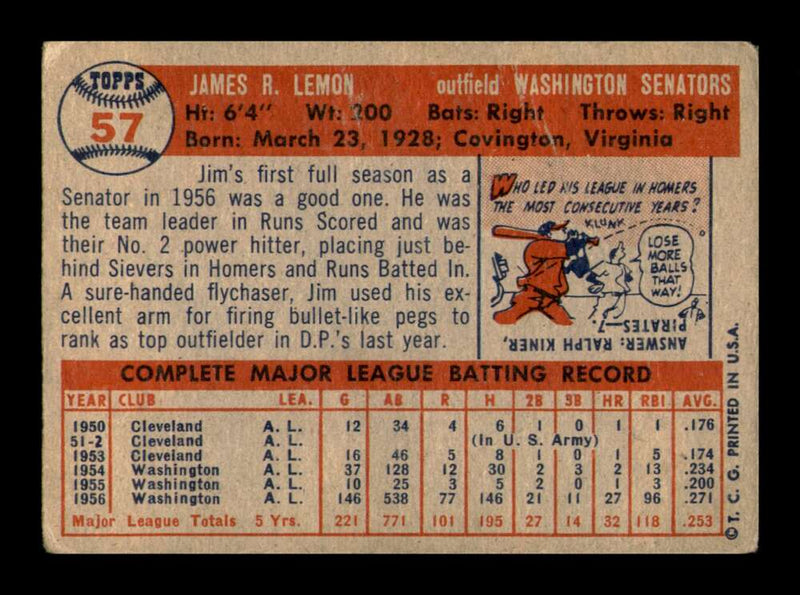 Load image into Gallery viewer, 1957 Topps Jim Lemon #57 Crease Washington Senators Image 2
