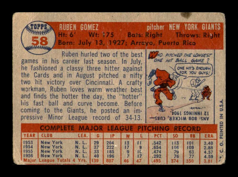 Load image into Gallery viewer, 1957 Topps Ruben Gomez #58 Crease New York Giants Image 2
