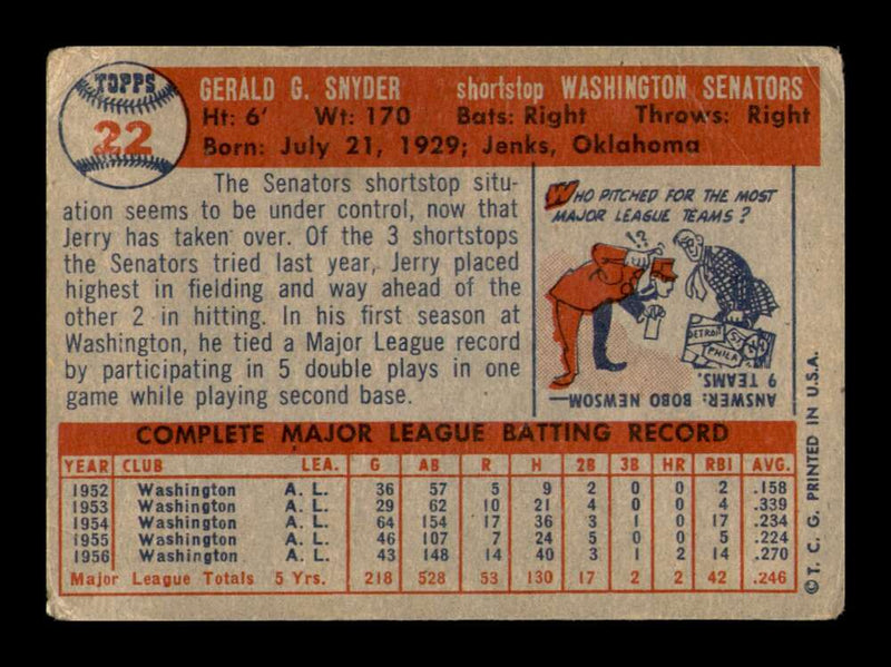 Load image into Gallery viewer, 1957 Topps Jerry Snyder #22 Crease Washington Senators Image 2
