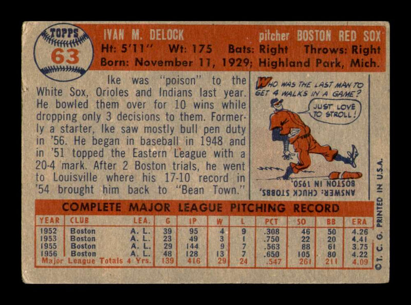 Load image into Gallery viewer, 1957 Topps Ike Delock #63 Crease Boston Red Sox Image 2
