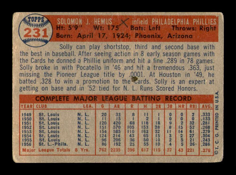 Load image into Gallery viewer, 1957 Topps Solly Hemus #231 Crease Philadelphia Phillies Image 2
