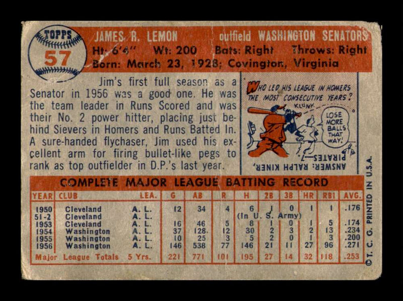 Load image into Gallery viewer, 1957 Topps Jim Lemon #57 Crease Washington Senators Image 2
