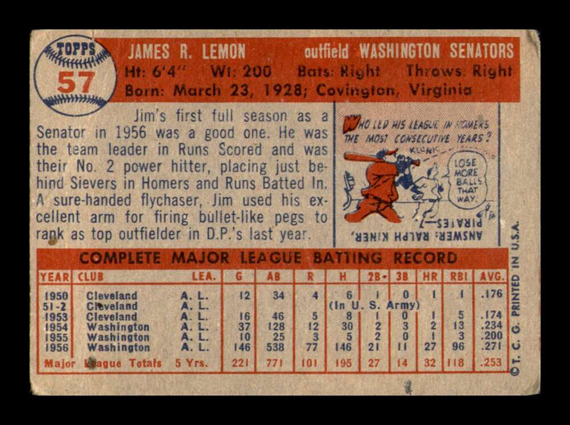 Load image into Gallery viewer, 1957 Topps Jim Lemon #57 Crease Washington Senators Image 2
