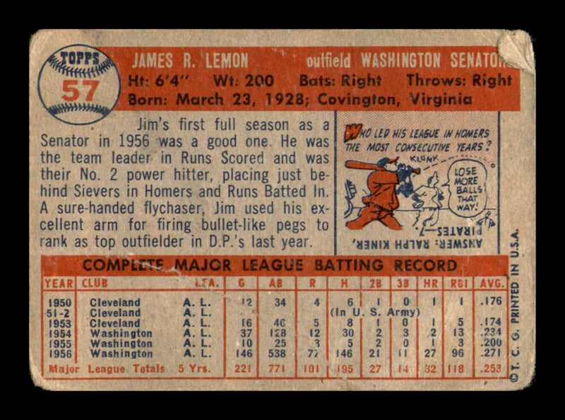 Load image into Gallery viewer, 1957 Topps Jim Lemon #57 Crease Washington Senators Image 2
