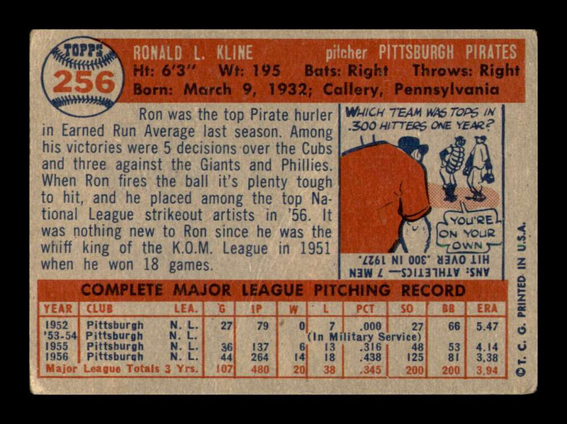 Load image into Gallery viewer, 1957 Topps Ronnie Kline #256 Crease Pittsburgh Pirates Image 2
