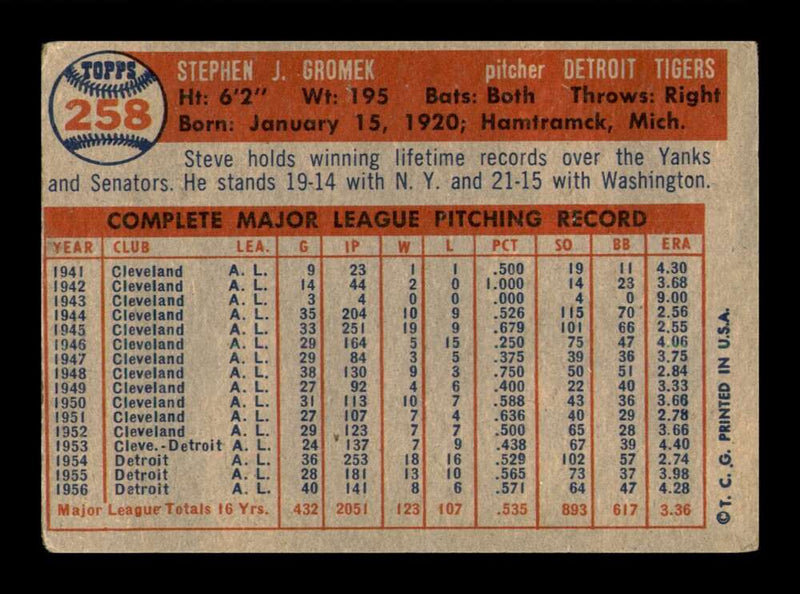 Load image into Gallery viewer, 1957 Topps Steve Gromek #258 Crease Detroit Tigers Image 2
