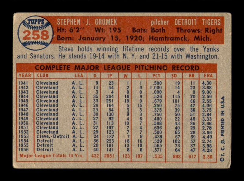 Load image into Gallery viewer, 1957 Topps Steve Gromek #258 Crease Detroit Tigers Image 2
