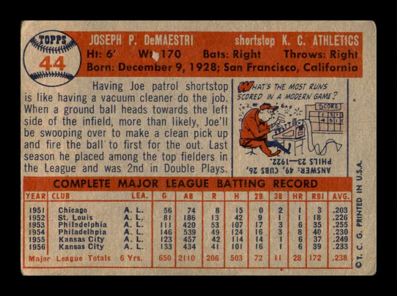 Load image into Gallery viewer, 1957 Topps Joe DeMaestri #44 Crease Kansas City A&#39;s Image 2
