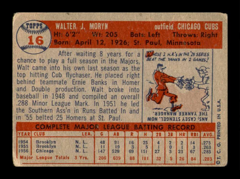 Load image into Gallery viewer, 1957 Topps Walt Moryn #16 Crease Chicago Cubs Image 2
