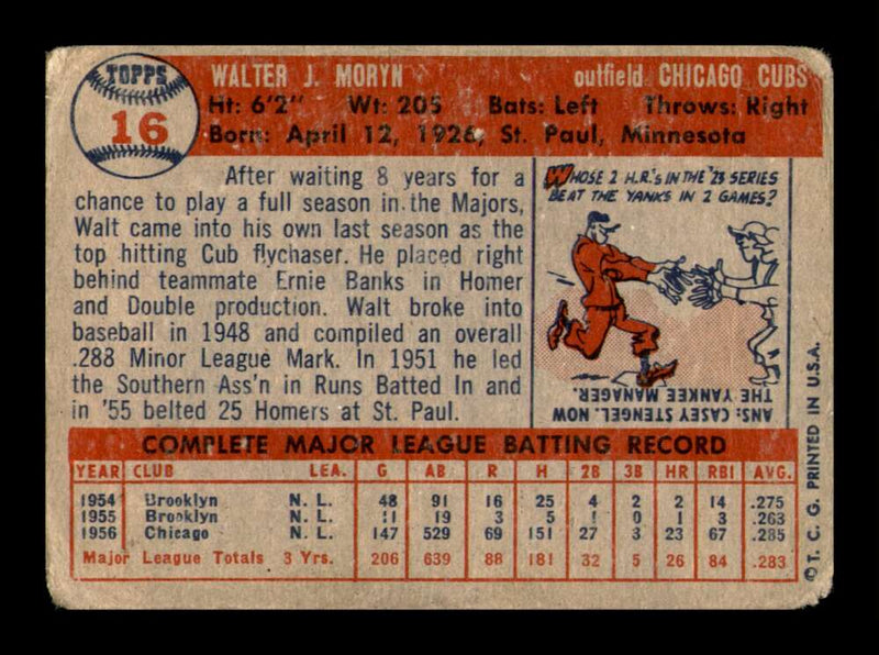 Load image into Gallery viewer, 1957 Topps Walt Moryn #16 Surface Scratches Chicago Cubs Image 2
