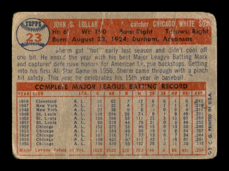 Load image into Gallery viewer, 1957 Topps Sherm Lollar #23 Crease Chicago White Sox Image 2
