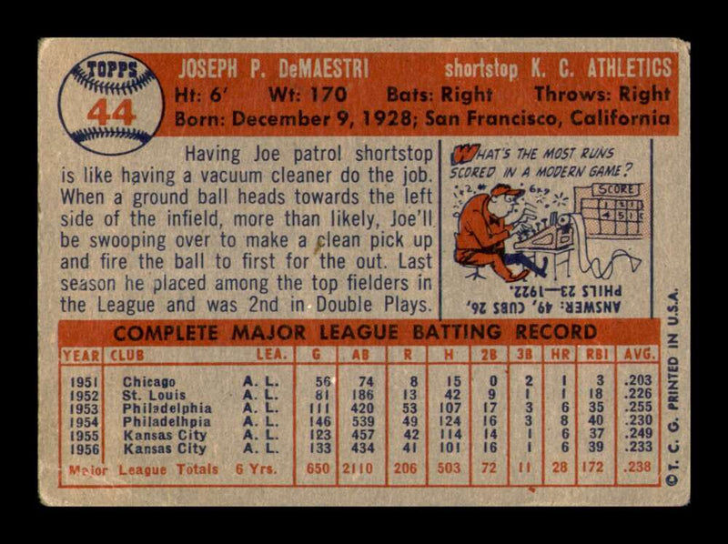 Load image into Gallery viewer, 1957 Topps Joe DeMaestri #44 Crease Kansas City Athletics Image 2
