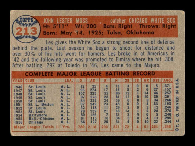 Load image into Gallery viewer, 1957 Topps Les Moss #213 Crease Chicago White Sox Image 2
