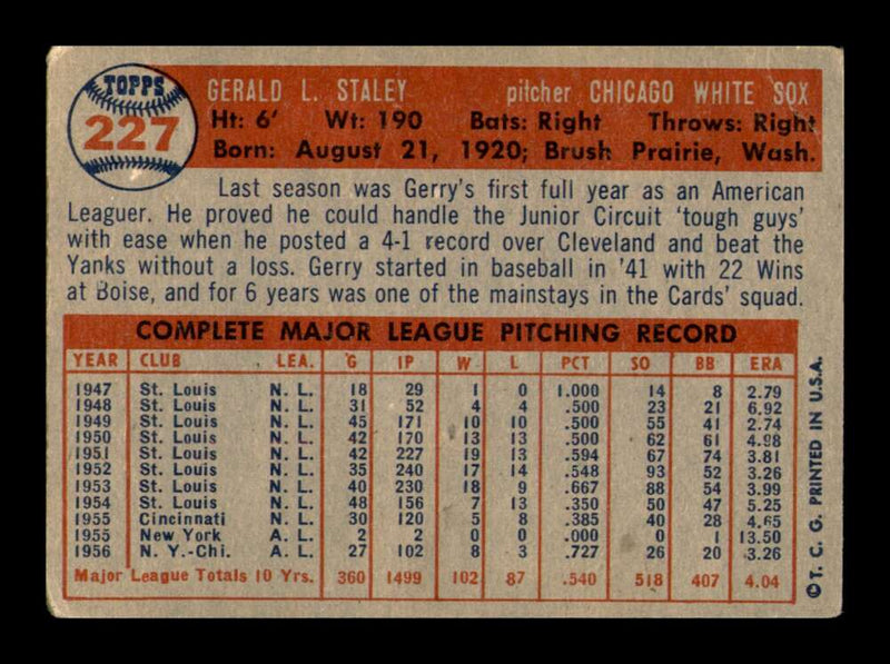 Load image into Gallery viewer, 1957 Topps Jerry Staley #227 Crease Chicago White Sox Image 2
