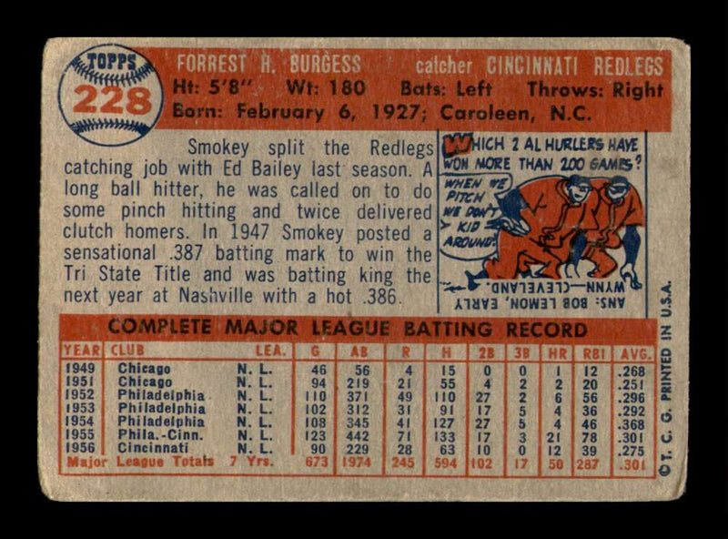 Load image into Gallery viewer, 1957 Topps Smoky Burgess #228 Crease Cincinnati Reds Image 2
