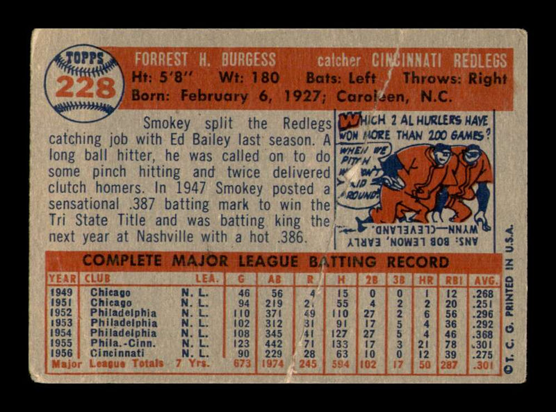 Load image into Gallery viewer, 1957 Topps Smoky Burgess #228 Crease Cincinnati Reds Image 2
