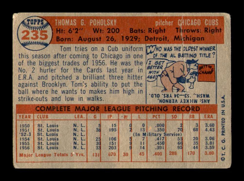 Load image into Gallery viewer, 1957 Topps Tom Poholsky #235 Crease Chicago Cubs Image 2
