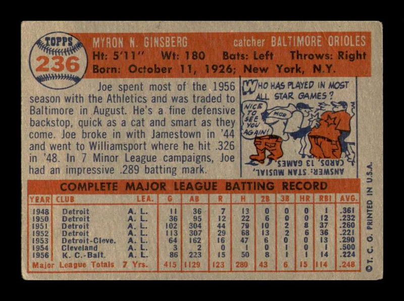 Load image into Gallery viewer, 1957 Topps Joe Ginsberg #236 Crease Baltimore Orioles Image 2
