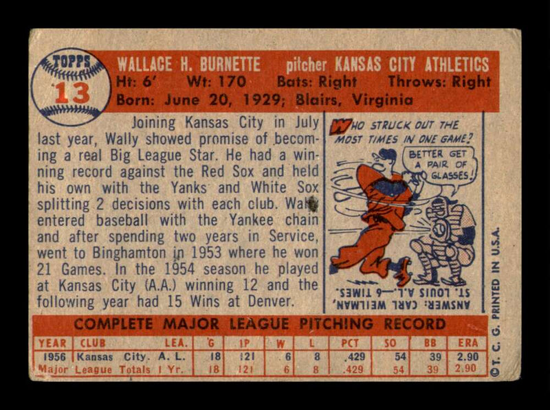 Load image into Gallery viewer, 1957 Topps Wally Burnette #13 Crease Kansas City Athletics Image 2
