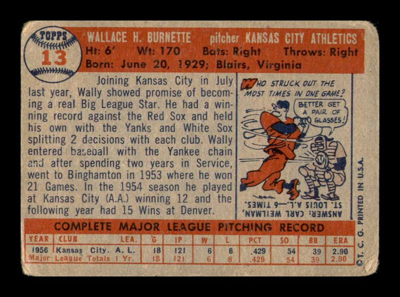 Load image into Gallery viewer, 1957 Topps Wally Burnette #13 Crease Kansas City Athletics Image 2
