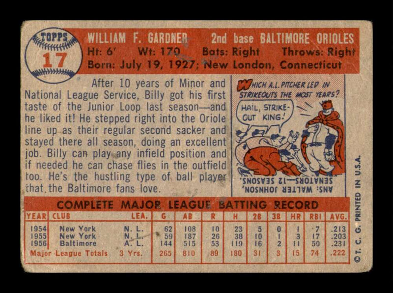 Load image into Gallery viewer, 1957 Topps Billy Gardner #17 Crease Baltimore Orioles Image 2
