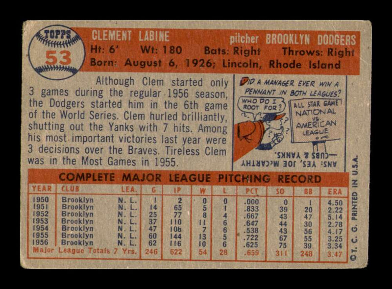 Load image into Gallery viewer, 1957 Topps Clem Labine #53 Crease Brooklyn Dodgers Image 2
