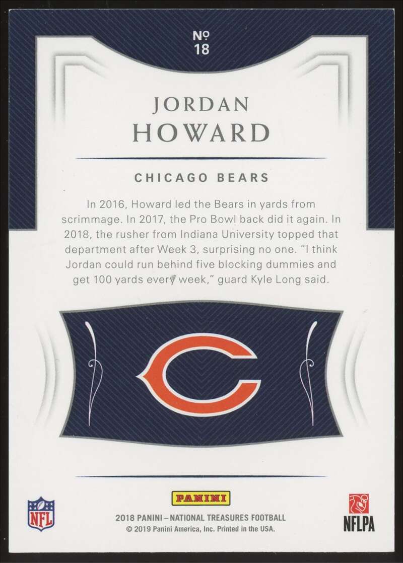 Load image into Gallery viewer, 2018 National Treasures Jersey Number Red Jordan Howard #18 SP Chicago Bears /24 Image 2
