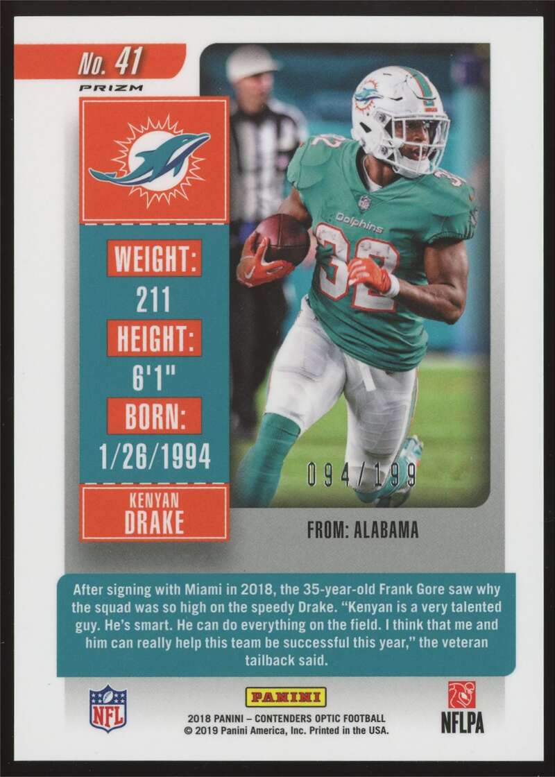 Load image into Gallery viewer, 2018 Contenders Optic Season Ticket Red Kenyan Drake #41 SP Miami Dolphins /199 Image 2
