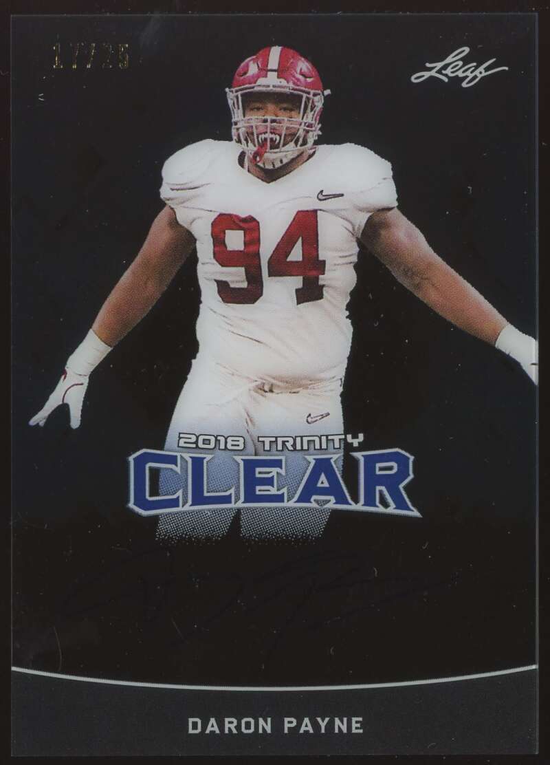 Load image into Gallery viewer, 2018 Leaf Trinity Clear Blue Auto Daron Payne #BA-DRP Rookie RC SP Alabama /25 Image 1
