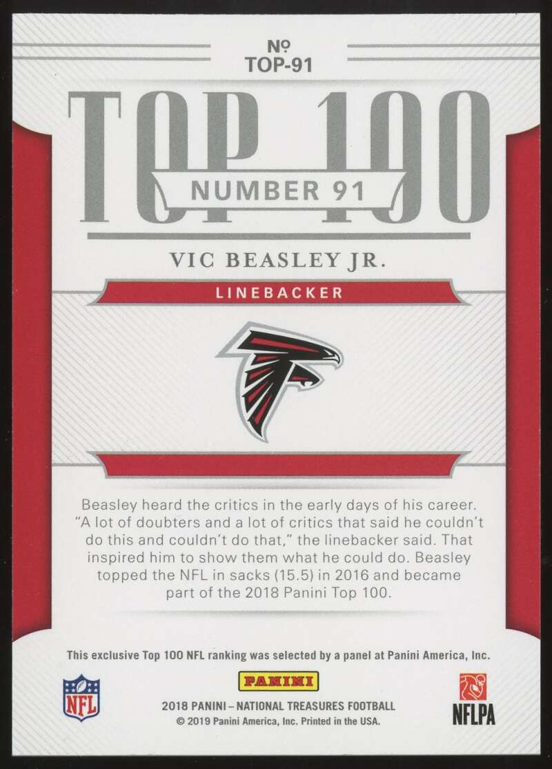 Load image into Gallery viewer, 2018 National Treasures Top 100 Vic Beasley #TOP-91 SP Atlanta Falcons /75 Image 2
