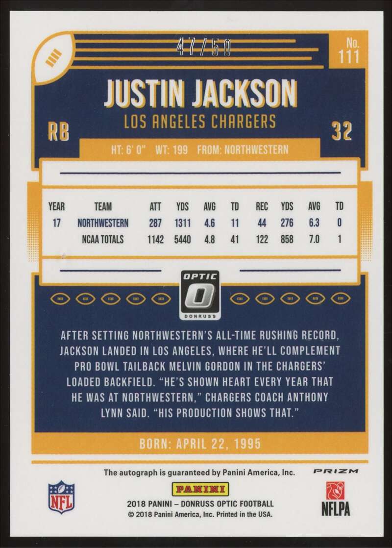 Load image into Gallery viewer, 2018 Donruss Optic Purple Stars Auto Justin Jackson #111 Rookie RC SP SSP /50  Image 2
